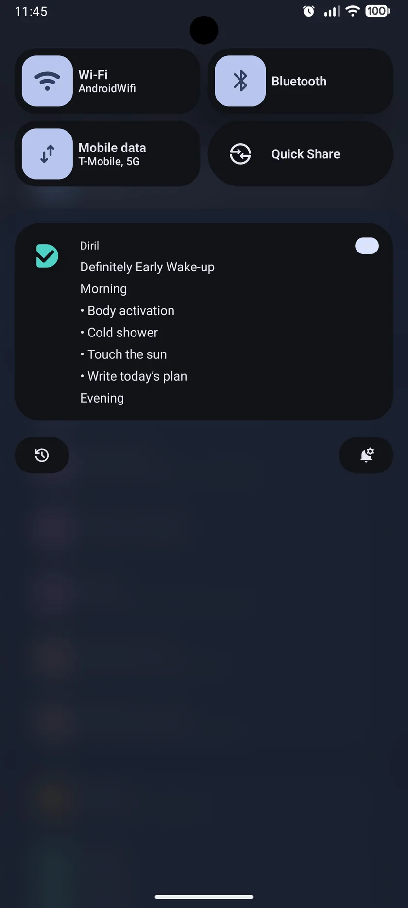 Diril persistent notification listing the day's plan