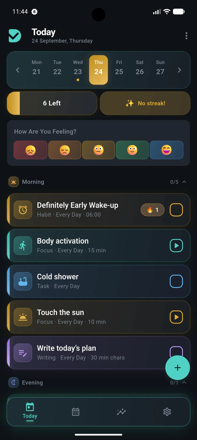 Diril Today screen: week strip, mood, and morning tasks